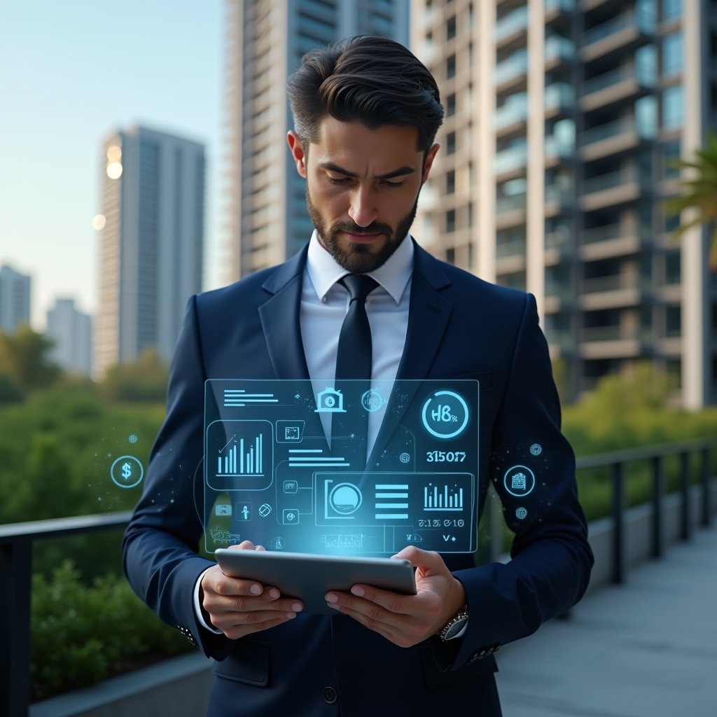 (Ultra-realistic condo manager in a tailored navy suit, set in a modern luxury condominium environment with high-rise buildings and lush green landscaping, holding a tablet displaying a holographic condominium management app interface with floating icons for messaging, financial graphs, booking schedule and maintenance alerts, analyzing data with a confident, focused expression, cinematic lighting, shallow depth of field, highly detailed textures, realistic skin, photographic realism, 8k resolution --ar 1:1 --v 6)