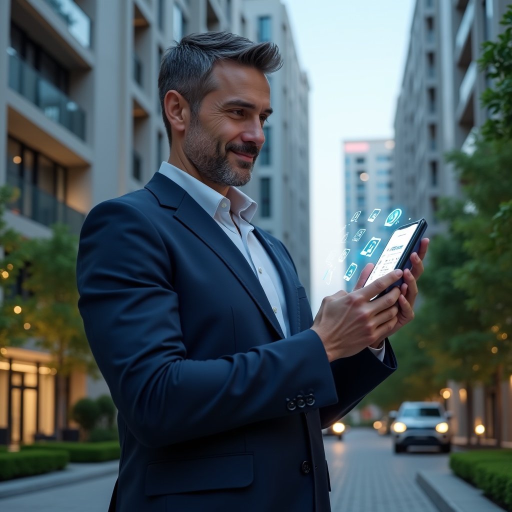 (Ultra-realistic condominium manager in a dark blue tailored suit, set in a modern luxury condominium environment with high-rise buildings and lush green landscaping, holding a smartphone projecting a holographic interface of an app with icons for communication, security and automation, confidently reviewing data with a slight smile, cinematic lighting, shallow depth of field, highly detailed textures, realistic skin, photographic realism, 8k resolution --ar 1:1 --v 6)