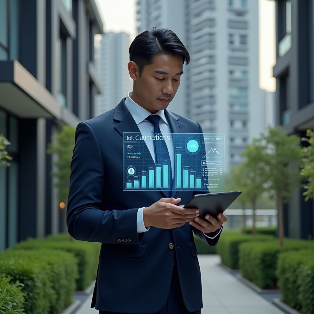 Ultra-realistic condominium manager in a navy business suit, set in a modern luxury condominium environment with high-rise buildings and manicured green landscaping, holding a tablet displaying holographic app interface icons hovering above the screen, confidently analyzing digital charts and reservation schedules, cinematic lighting, shallow depth of field, highly detailed textures, realistic skin, photographic realism, 8k resolution --ar 1:1 --v 6