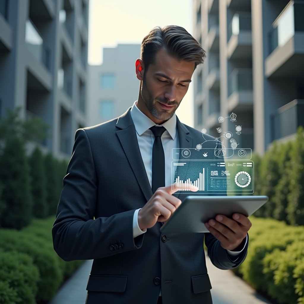 (Ultra-realistic condominium manager in a dark gray executive suit, set in a modern luxury condominium environment with high-rise buildings and manicured green landscaping, holding a tablet displaying holographic charts and icons of an application for condominium dashboard, confidently tapping the screen as floating UI elements illustrate cost savings of 30%, cinematic lighting, shallow depth of field, highly detailed textures, realistic skin, photographic realism, 8k resolution --ar 1:1 --v 6)