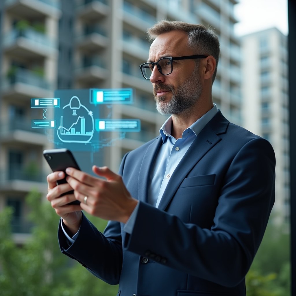 Ultra-realistic condominium manager in a navy suit, set in a modern luxury condominium environment with high-rise buildings and green landscaping, holding a smartphone with floating holographic app interface showing financial charts and chat bubbles, analyzing data with a confident expression, cinematic lighting, shallow depth of field, highly detailed textures, realistic skin, photographic realism, 8k resolution --ar 1:1 --v 6