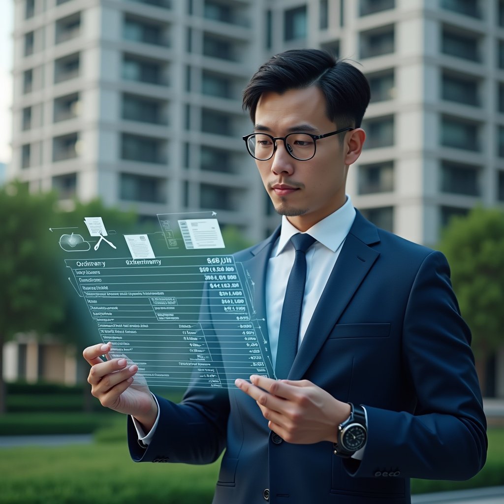 (Ultra-realistic condominium manager in a navy blue suit, set in a modern luxury condominium environment with high-rise buildings and green landscaping, mid shot of a confident professional reviewing a holographic financial spreadsheet categorizing ordinary and extraordinary expenses, floating icons of receipts and repair tools as visual elements, cinematic lighting, shallow depth of field, highly detailed textures, realistic skin, photographic realism, 8k resolution --ar 1:1 --v 6)