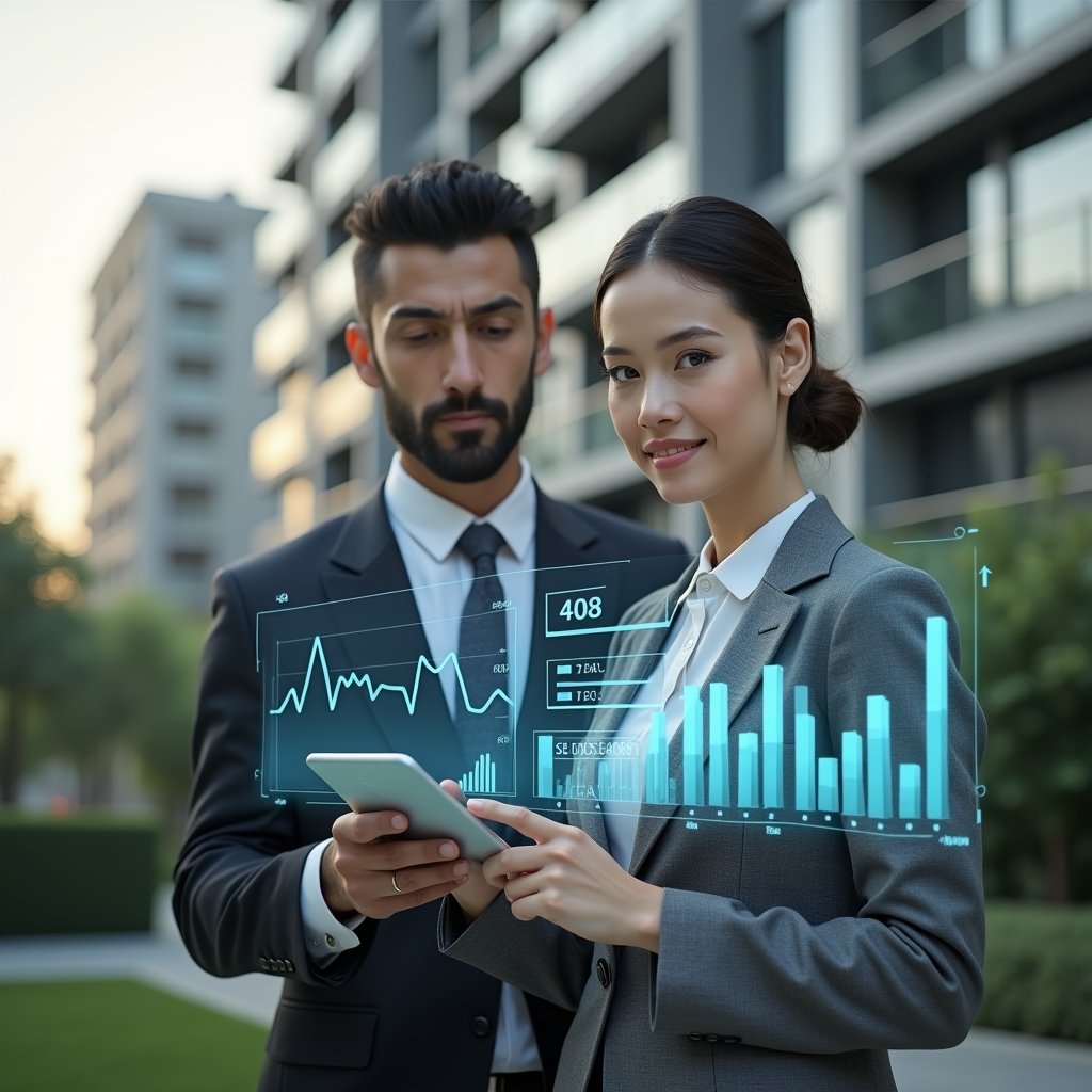 (Ultra-realistic condo manager in a tailored gray suit, set in a modern luxury condominium environment with high-rise buildings and meticulously landscaped gardens, holding a tablet and interacting with floating holographic financial charts and balance sheets, confident and focused expression, cinematic lighting, shallow depth of field, highly detailed textures, realistic skin, photographic realism, 8k resolution --ar 1:1 --v 6)