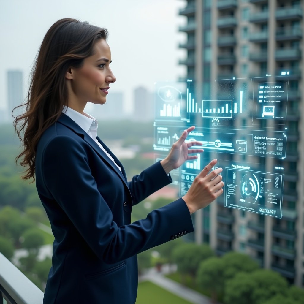 Ultra-realistic condominium manager in a navy blue tailored suit, set in a modern luxury condominium environment with high-rise buildings and lush green landscaping, mid-shot of her confidently interacting with a holographic dashboard displaying automated workflows and data charts, floating transparent interface icons symbolizing process automation, cinematic lighting, shallow depth of field, highly detailed textures, realistic skin, photographic realism, 8k resolution --ar 1:1 --v 6