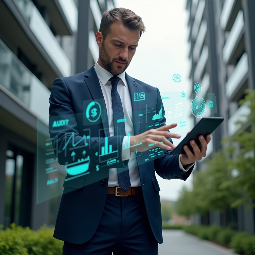 (Ultra-realistic condominium property manager in a navy suit, set in a modern luxury condominium environment with high-rise buildings and manicured green landscaping, analyzing floating holographic financial charts and digital ledgers with a tablet in hand, translucent icons of pie charts and audit stamps hovering around, confident and focused expression, cinematic lighting, shallow depth of field, highly detailed textures, realistic skin, photographic realism, 8k resolution --ar 1:1 --v 6)