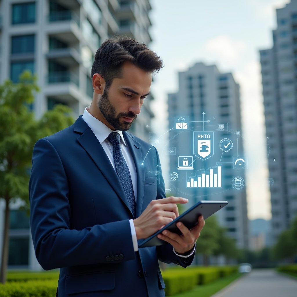 (Ultra-realistic condominium manager in a navy blue suit, set in a modern luxury condominium environment with high-rise buildings and manicured green landscaping, holding a tablet and analyzing a holographic interface of a management app checklist, floating icons of graphs and security shields around, confident expression, cinematic lighting, shallow depth of field, highly detailed textures, realistic skin, photographic realism, 8k resolution --ar 1:1 --v 6)