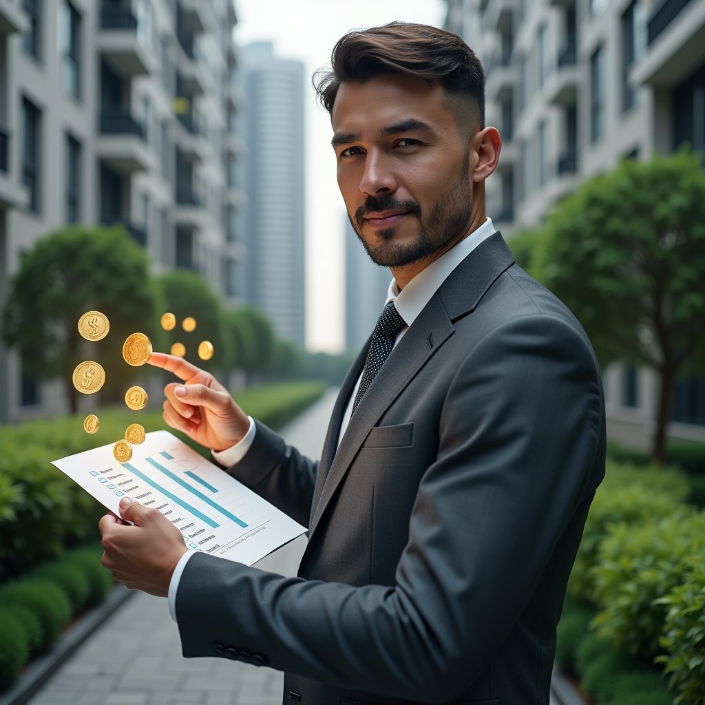 Ultra-realistic condominium manager in a charcoal gray executive suit, set in a modern luxury condominium environment with high-rise buildings and manicured green landscaping, holding a glowing holographic financial checklist and pointing at expense breakdown charts, surrounded by floating icons of coins and graphs, confident and focused expression, cinematic lighting, shallow depth of field, highly detailed textures, realistic skin, photographic realism, 8k resolution --ar 1:1 --v 6