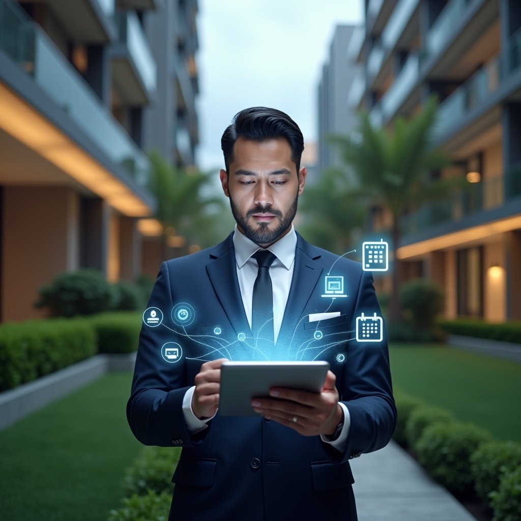 (Ultra-realistic condominium manager in a dark blue tailored suit, set in a modern luxury condominium environment with high-rise buildings and meticulously landscaped green gardens, holding a digital tablet displaying a floating holographic checklist, examining tasks with a focused and confident expression, holographic calendar icons and task markers surrounding the device, cinematic lighting, shallow depth of field, highly detailed textures, realistic skin, photographic realism, 8k resolution --ar 1:1 --v 6)