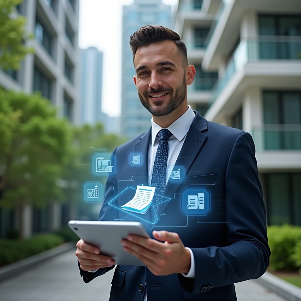 Ultra-realistic condominium manager in a tailored navy suit, set in a modern luxury condominium environment with high-rise buildings and lush green landscaping, mid shot holding a digital tablet displaying a detailed expense checklist, surrounded by floating holographic icons of receipts, coins and calendar reminders, confident and focused expression, cinematic lighting, shallow depth of field, highly detailed textures, realistic skin, photographic realism, 8k resolution --ar 1:1 --v 6