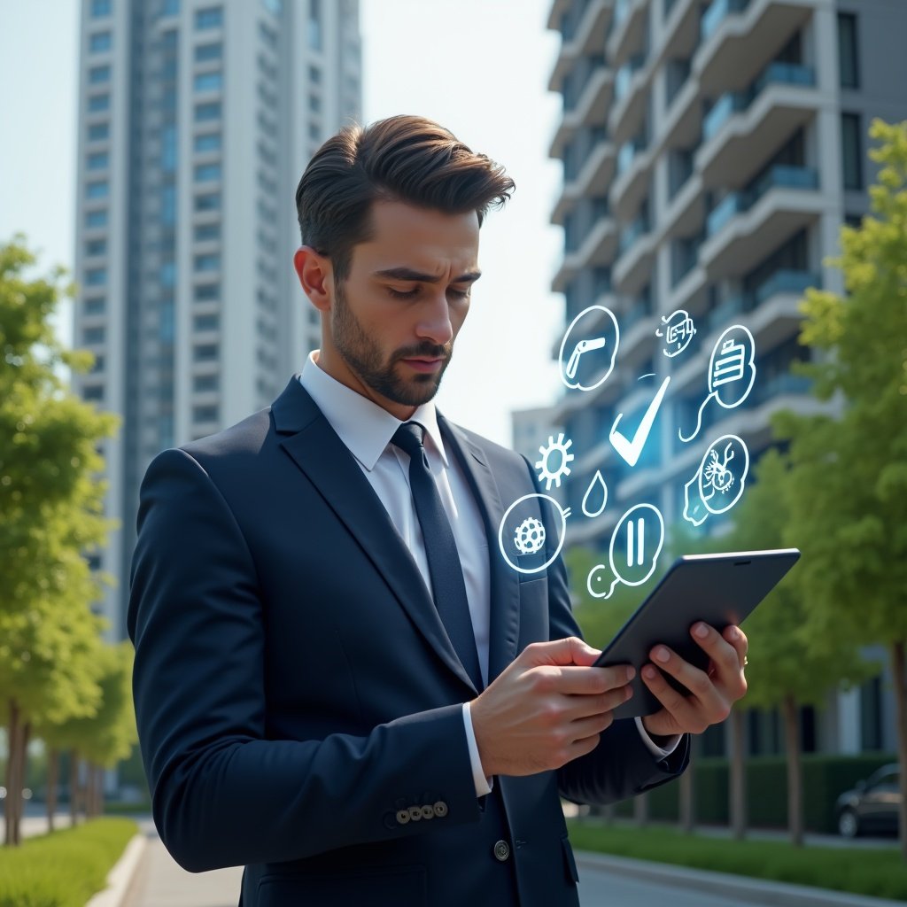 Ultra-realistic condominium manager in a navy suit, set in a modern luxury condominium environment with high-rise buildings and lush green landscaping, holding a tablet and reviewing a holographic maintenance checklist, floating tool and gear icons symbolizing preventive upkeep, confident and focused expression, cinematic lighting, shallow depth of field, highly detailed textures, realistic skin, photographic realism, 8k resolution --ar 1:1 --v 6