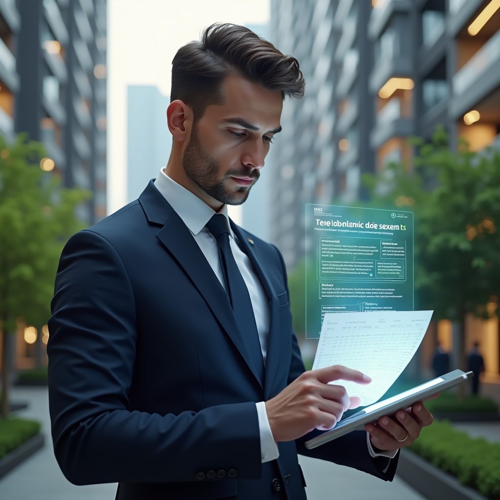 (Ultra-realistic condominium manager in a tailored navy suit, set in a modern luxury condominium environment with high-rise buildings and lush green landscaping, reviewing digital documents with a holographic balance sheet floating above a sleek tablet, confident and focused expression, cinematic lighting, shallow depth of field, highly detailed textures, realistic skin, photographic realism, 8k resolution --ar 1:1 --v 6)