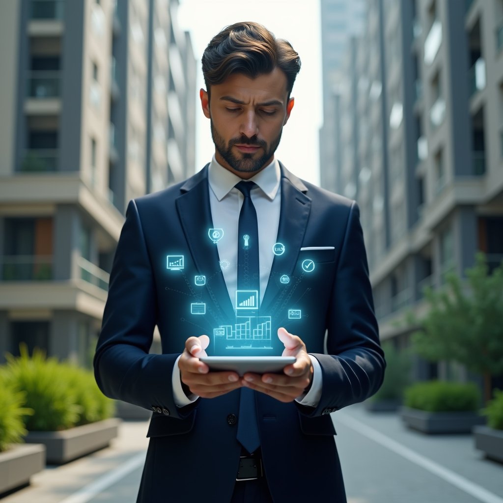 (Ultra-realistic condominium manager in a tailored navy suit, set in a modern luxury condominium environment with high-rise buildings and green landscaping, holding and analyzing a glowing holographic checklist with calendar and maintenance icons, confident and focused expression, cinematic lighting, shallow depth of field, highly detailed textures, realistic skin, photographic realism, 8k resolution --ar 1:1 --v 6)