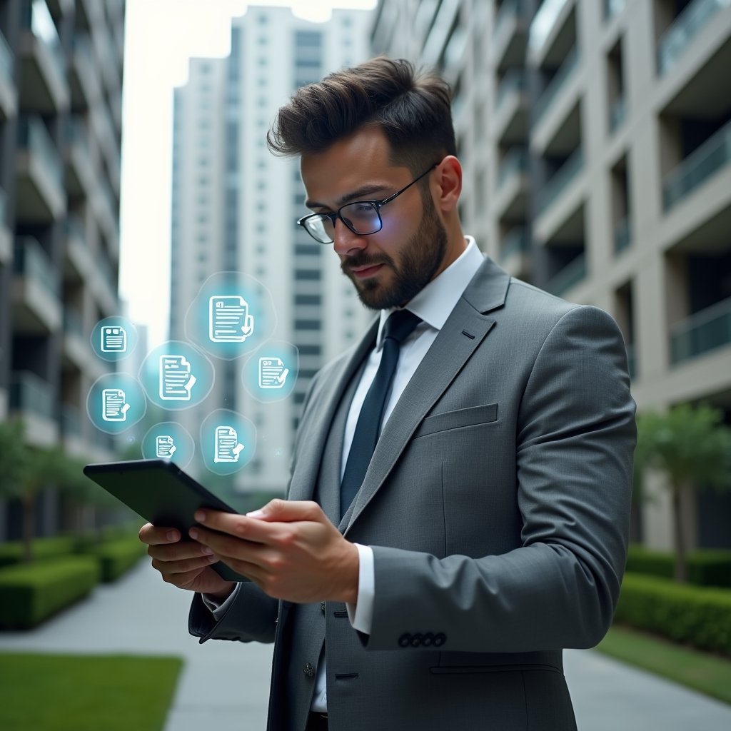 (Ultra-realistic condominium manager in a tailored gray suit, set in a modern luxury condominium environment with high-rise buildings and manicured green landscaping, reviewing a digital tablet displaying floating holographic checklist icons and document folders, confident and focused expression, cinematic lighting, shallow depth of field, highly detailed textures, realistic skin, photographic realism, 8k resolution --ar 1:1 --v 6)