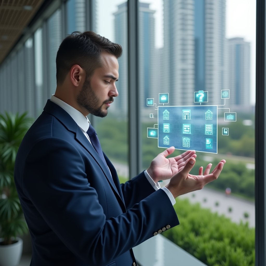 (Ultra-realistic condominium manager in a navy executive suit, set in a modern luxury condominium environment with high-rise buildings and meticulously landscaped greenery, confidently reviewing a floating digital checklist hologram with icons of tasks and calendars, cinematic lighting, shallow depth of field, highly detailed textures, realistic skin, photographic realism, 8k resolution --ar 1:1 --v 6)