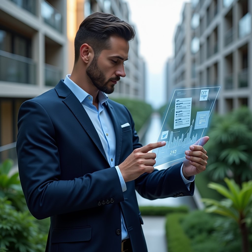 Ultra-realistic condominium manager in a navy blue business suit, set in a modern luxury condominium environment with high-rise buildings and lush green landscaping, confidently reviewing a holographic financial checklist with floating invoice and graph icons, cinematic lighting, shallow depth of field, highly detailed textures, realistic skin, photographic realism, 8k resolution --ar 1:1 --v 6