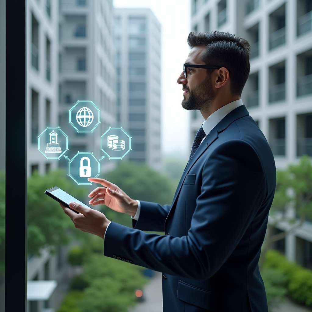 (Ultra-realistic condominium manager in a navy suit, set in a modern luxury condominium environment with high-rise buildings and lush green landscaping, confidently interacting with a floating holographic interface of a condominium management app displaying icons for automation, communication, finance, security and resident engagement, cinematic lighting, shallow depth of field, highly detailed textures, realistic skin, photographic realism, 8k resolution --ar 1:1 --v 6)
