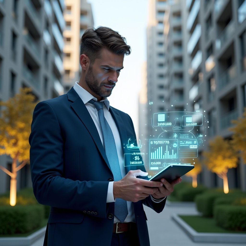 (Ultra-realistic property manager in a navy blue suit, set in a modern luxury condominium environment with high-rise buildings and manicured green landscaping, holding a tablet displaying holographic expense charts and graphs, reviewing financial data with a confident expression, glowing holographic currency icons and bar-chart symbols floating around, cinematic lighting, shallow depth of field, highly detailed textures, realistic skin, photographic realism, 8k resolution --ar 1:1 --v 6)