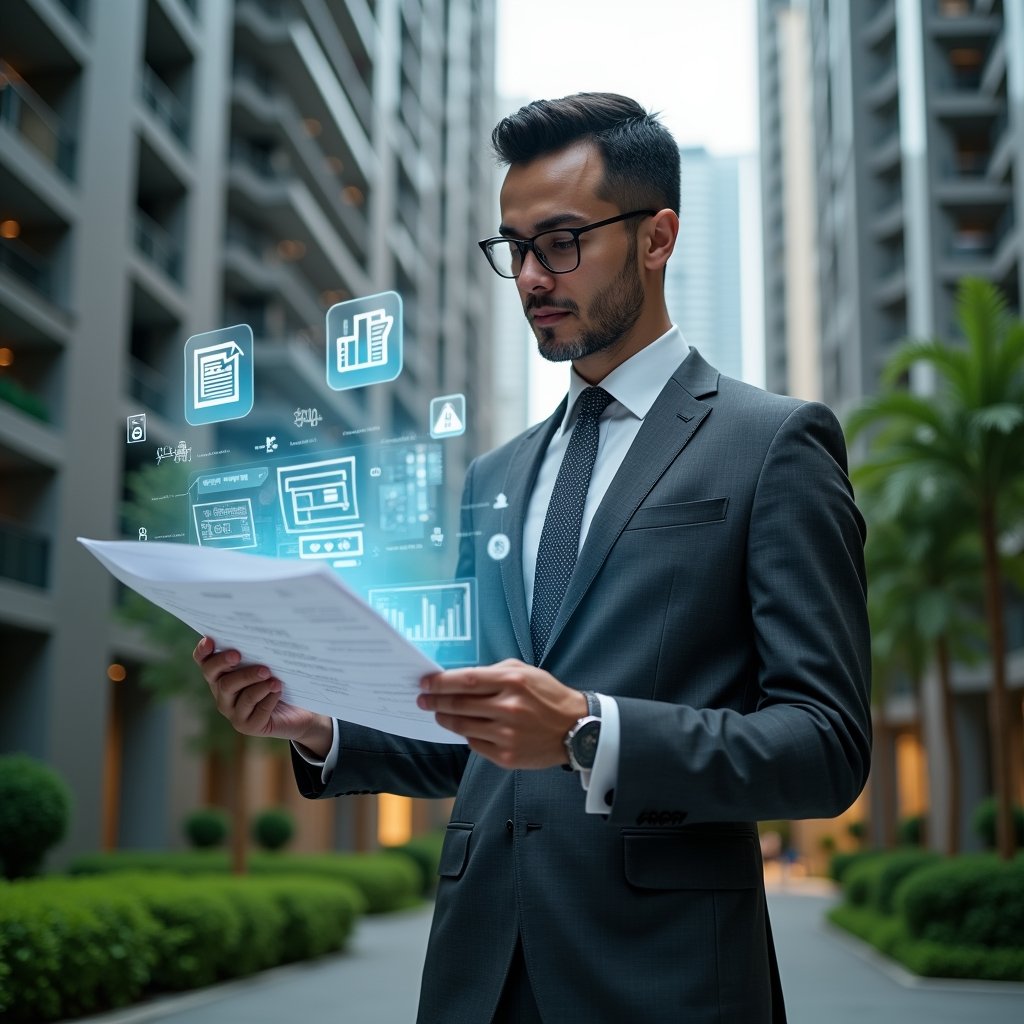 Ultra-realistic condominium manager in a charcoal gray suit, set in a modern luxury condominium environment with high-rise buildings and green landscaping, reviewing a floating holographic financial report with charts and documents, holographic icons of spreadsheets and approval stamps surrounding him, confident and focused expression, cinematic lighting, shallow depth of field, highly detailed textures, realistic skin, photographic realism, 8k resolution --ar 1:1 --v 6