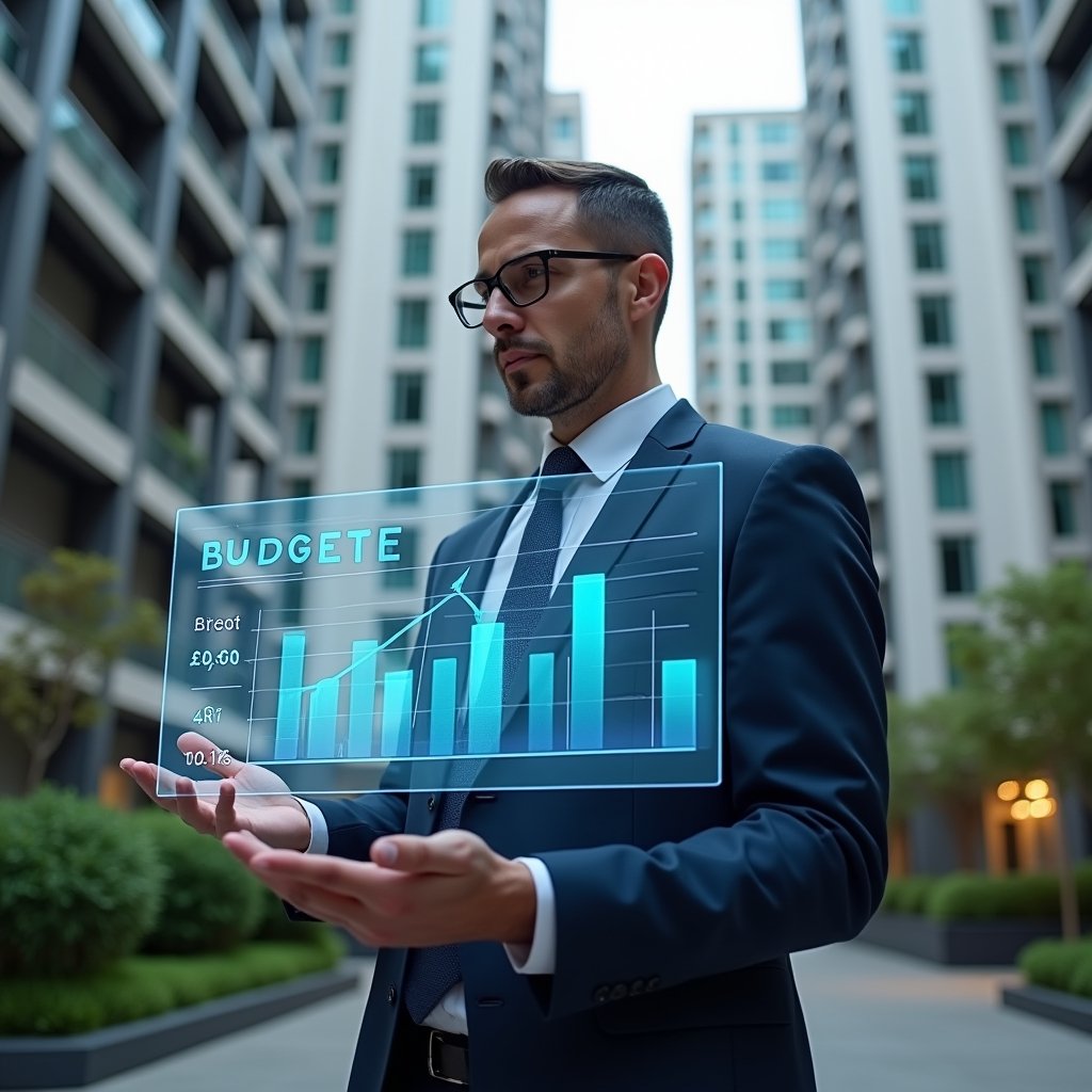 Ultra-realistic condominium manager in a navy blue suit, set in a modern luxury condominium environment with high-rise buildings and manicured greenery, mid-shot of a confident professional reviewing a floating holographic budget chart and expense graphs, symbolizing financial control and planning, cinematic lighting, shallow depth of field, highly detailed textures, realistic skin, photographic realism, 8k resolution --ar 1:1 --v 6