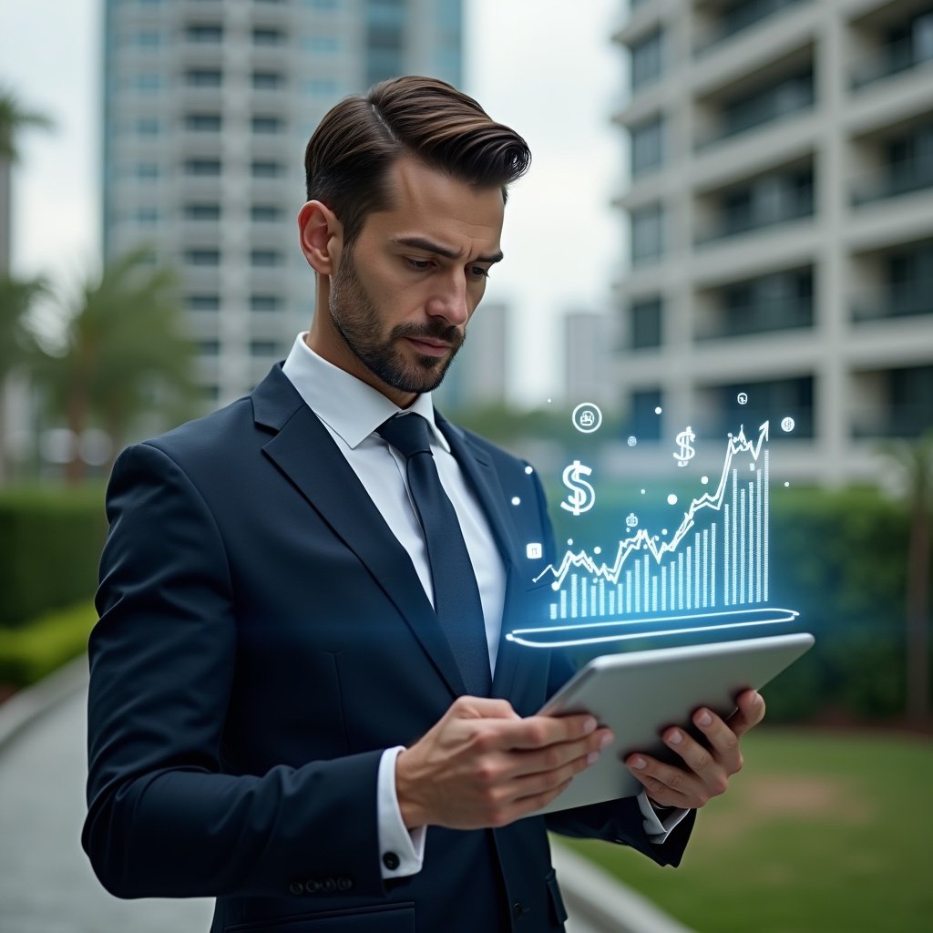 (Ultra-realistic condominium manager in a tailored navy suit, set in a modern luxury condominium environment with high-rise buildings and manicured green landscaping, medium shot with shallow depth of field, analyzing a floating holographic financial chart displaying cost-saving graphs and budget icons above a sleek tablet, confident and thoughtful expression, cinematic lighting, highly detailed textures, realistic skin, photographic realism, 8k resolution --ar 1:1 --v 6)
