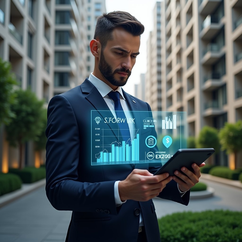 (Ultra-realistic condominium manager in a tailored navy suit, set in a modern luxury condominium environment with high-rise buildings and manicured green landscaping, holding a tablet displaying holographic budget charts and cost-saving icons, confidently analyzing renovation plans to reduce extraordinary expenses, cinematic lighting, shallow depth of field, highly detailed textures, realistic skin, photographic realism, 8k resolution --ar 1:1 --v 6)