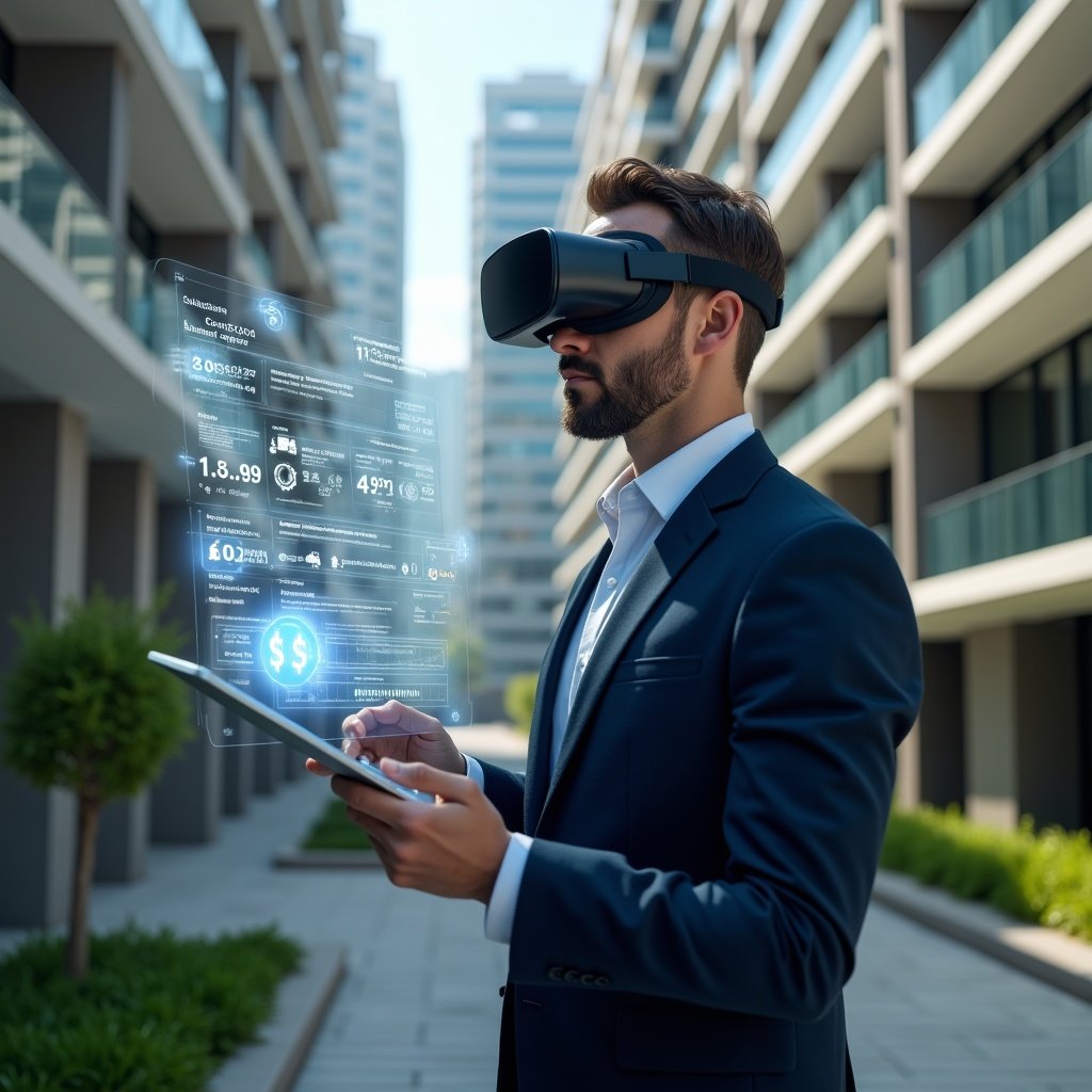 (Ultra-realistic condominium manager in a tailored dark blue suit, set in a modern luxury condominium environment with high-rise buildings and manicured green landscaping, holding and analyzing a holographic chart of expense reports and cost-saving icons, confident and focused expression, thematic visual elements like floating dollar signs and gears, cinematic lighting, shallow depth of field, highly detailed textures, realistic skin, photographic realism, 8k resolution --ar 1:1 --v 6)