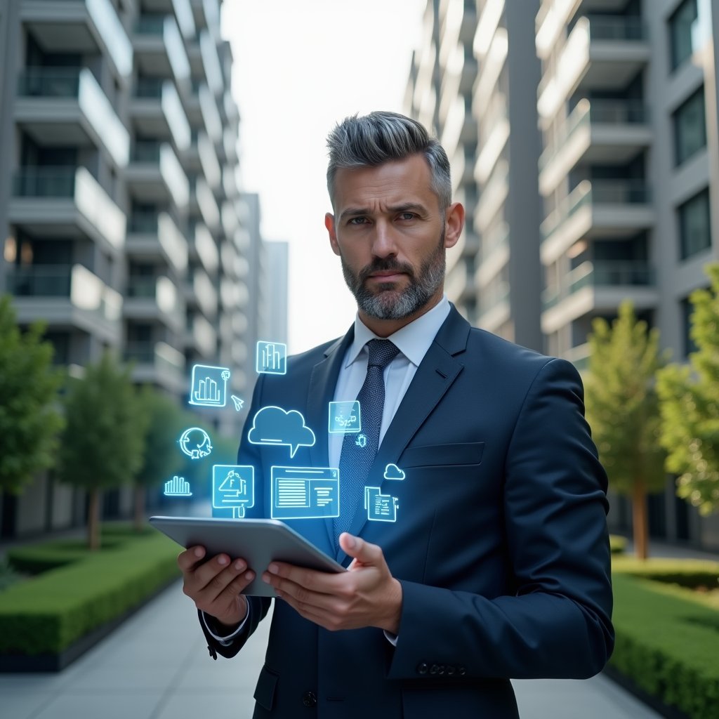 Ultra-realistic condominium manager in a tailored navy suit, set in a modern luxury condominium environment with high-rise buildings and manicured green landscaping, holding a tablet displaying holographic charts, cloud storage icons, chat bubbles and financial symbols, looking confident and focused, cinematic lighting, shallow depth of field, highly detailed textures, realistic skin, photographic realism, 8k resolution --ar 1:1 --v 6