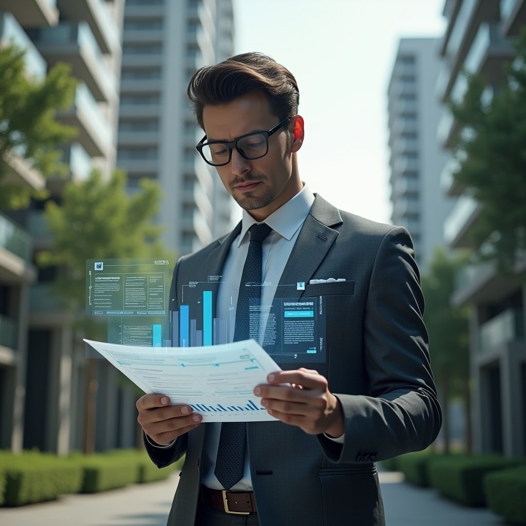 (Ultra-realistic condominium manager in a charcoal gray tailored suit, set in a modern luxury condominium environment with high-rise buildings and lush green landscaping, examining holographic financial charts and digital ledgers with a confident, focused expression, floating transparent graphs and icons of documents and reports surrounding them, cinematic lighting, shallow depth of field, highly detailed textures, realistic skin, photographic realism, 8k resolution --ar 1:1 --v 6)