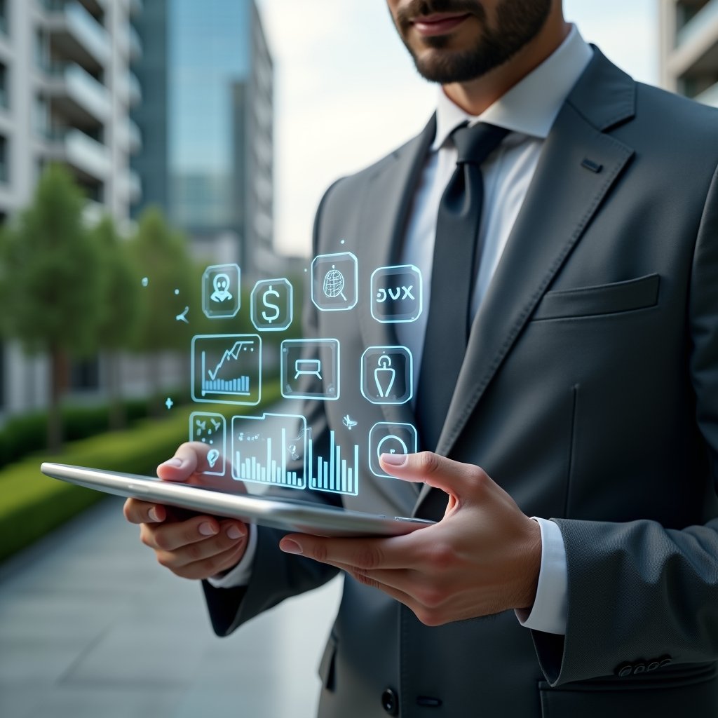 Ultra-realistic condominium manager in a charcoal gray executive suit, set in a modern luxury condominium environment with high-rise buildings and manicured green landscaping, close-up shot of the manager holding a transparent tablet displaying holographic icons for finance, maintenance requests, space reservations, communication, and performance graphs, confidently tapping a floating app interface, cinematic lighting, shallow depth of field, highly detailed textures, realistic skin, photographic realism, 8k resolution --ar 1:1 --v 6