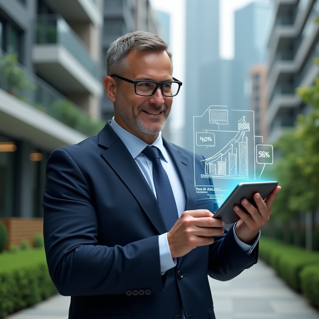 (Ultra-realistic condominium manager in a navy suit, set in a modern luxury condominium environment with high-rise buildings and manicured green landscaping, medium shot with shallow depth of field, confidently pointing at a tablet displaying holographic cost-reduction charts and floating icons of graphs and digital tools symbolizing expense optimization, cinematic lighting, highly detailed textures, realistic skin, photographic realism, 8k resolution --ar 1:1 --v 6)