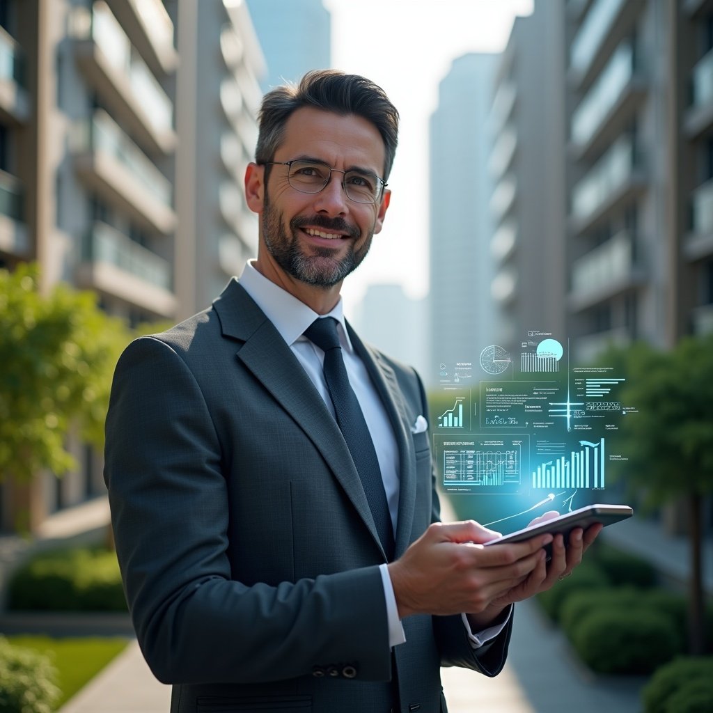 Ultra-realistic condominium manager in a tailored dark gray suit, set in a modern luxury condominium environment with high-rise buildings and lush green landscaping, medium shot of a confident professional holding a holographic financial report with glowing charts and icons representing transparency and organization, cinematic lighting, shallow depth of field, highly detailed textures, realistic skin, photographic realism, 8k resolution --ar 1:1 --v 6