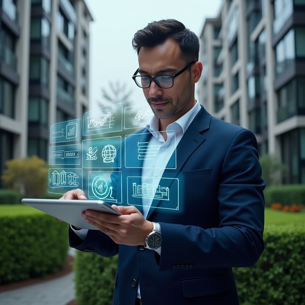 (Ultra-realistic condominium manager in a navy blue suit, set in a modern luxury condominium environment with high-rise buildings and manicured green landscaping, mid-shot of a confident professional holding a tablet projecting a holographic flowchart of process optimization secrets, glowing digital icons of financial graphs and automation, cinematic lighting, shallow depth of field, highly detailed textures, realistic skin, photographic realism, 8k resolution --ar 1:1 --v 6)
