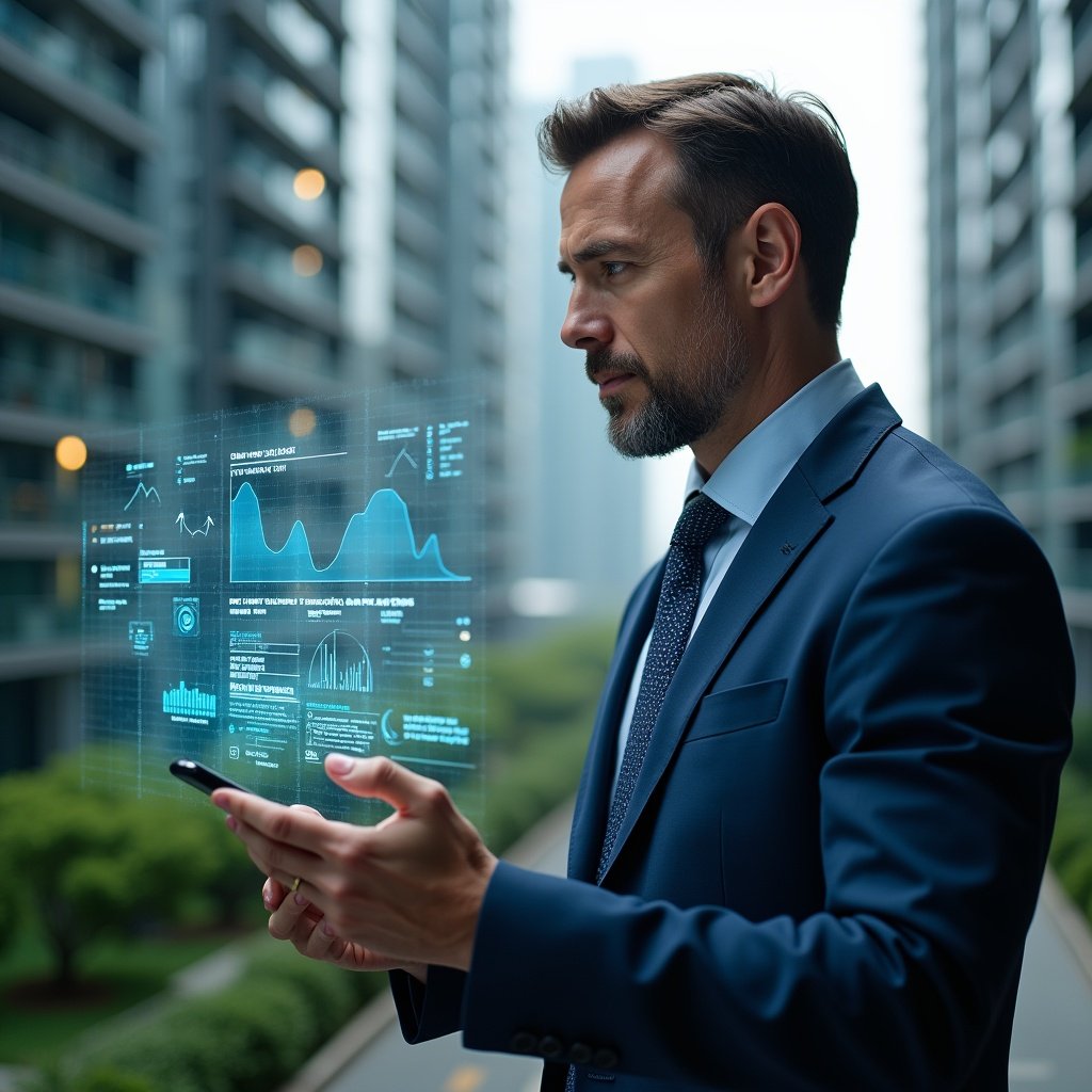 (Ultra-realistic condo manager in a navy blue suit, set in a modern luxury condominium environment with high-rise buildings and lush green landscaping, analyzing a holographic interface displaying warning icons and outdated software feature charts, thoughtful and confident expression, cinematic lighting, shallow depth of field, highly detailed textures, realistic skin, photographic realism, 8k resolution --ar 1:1 --v 6)