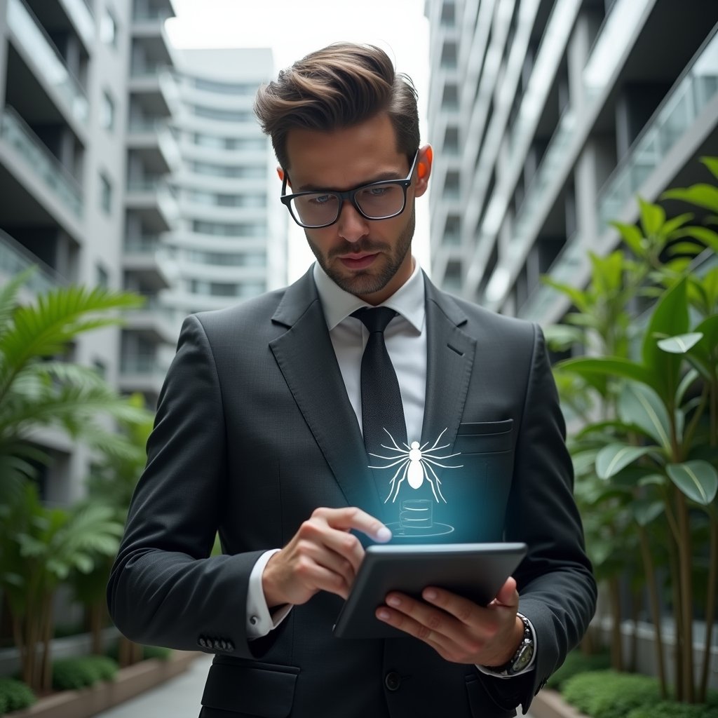 Ultra-realistic condominium manager in a dark gray executive suit, set in a modern luxury condominium environment with high-rise buildings and lush green landscaping, holding a tablet displaying a digital checklist and pointing at a potted plant with a holographic mosquito icon hovering above, determined expression, cinematic lighting, shallow depth of field, highly detailed textures, realistic skin, photographic realism, 8k resolution --ar 1:1 --v 6