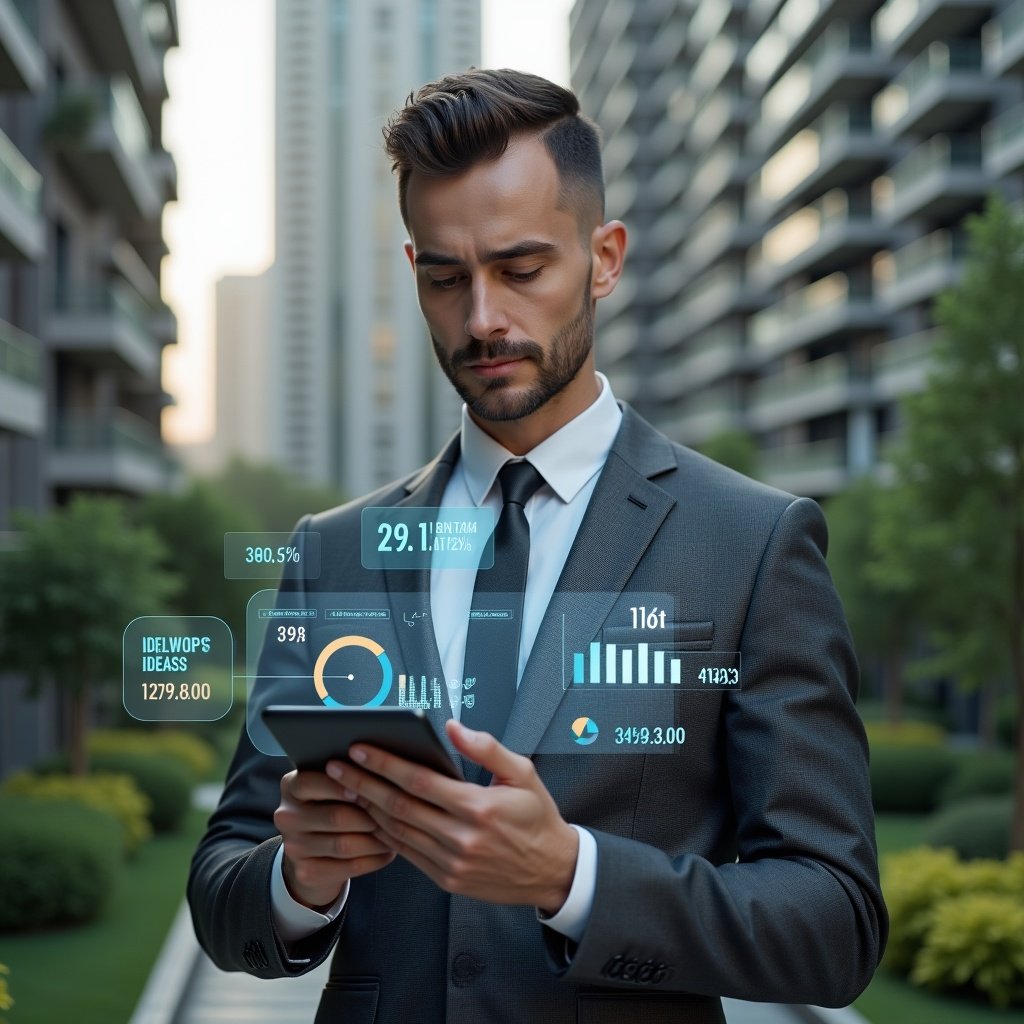 (Ultra-realistic condominium manager in a charcoal gray suit, set in a modern luxury condominium environment with high-rise buildings and lush green landscaping, analyzing a holographic pie chart and percentage figures representing ideal fraction calculations, financial data modules floating around his tablet, confident and focused expression, cinematic lighting, shallow depth of field, highly detailed textures, realistic skin, photographic realism, 8k resolution --ar 1:1 --v 6)