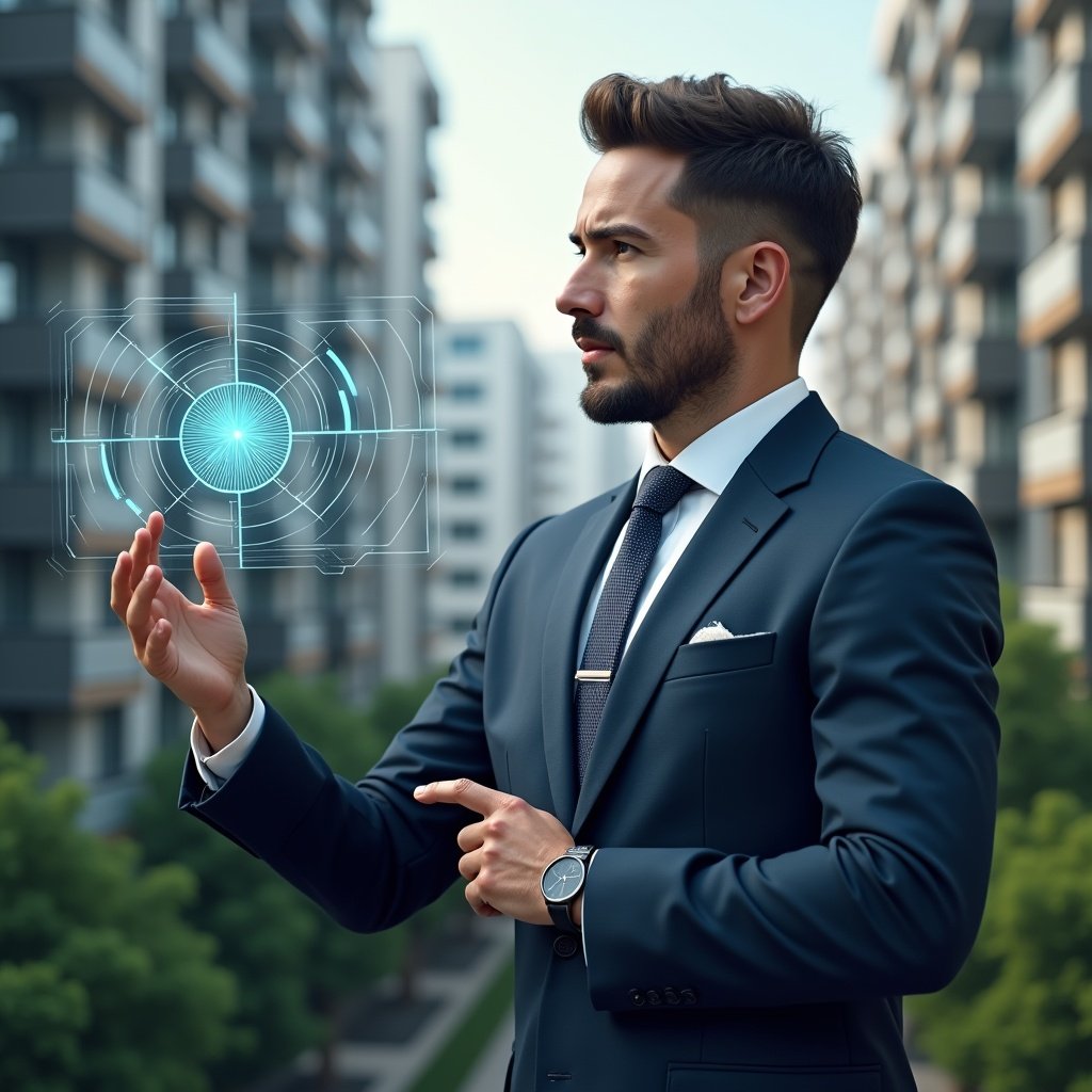 Ultra-realistic condo manager in a navy blue suit, set in a modern luxury condominium environment with high-rise buildings and meticulously landscaped greenery, analyzing a floating holographic pie chart representing “fração ideal,” tapping the hologram with a sleek stylus, expression thoughtful and confident, cinematic lighting, shallow depth of field, highly detailed textures, realistic skin, photographic realism, 8k resolution --ar 1:1 --v 6