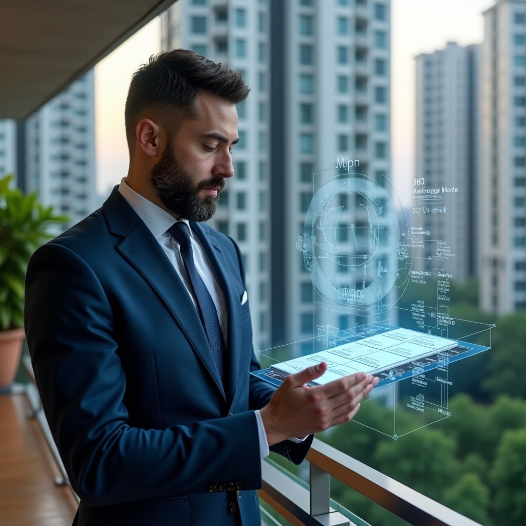 Ultra-realistic condominium manager in a dark blue tailored suit, set in a modern luxury condominium environment with high-rise buildings and lush green landscaping, examining a holographic pie chart of unit fractions and budget figures with a thoughtful expression, floating numbers and icons representing cost allocation, cinematic lighting, shallow depth of field, highly detailed textures, realistic skin, photographic realism, 8k resolution --ar 1:1 --v 6