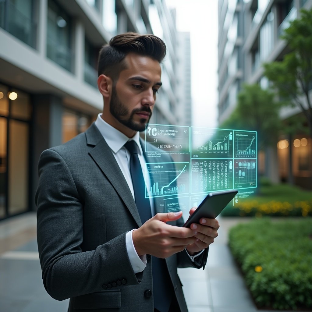 Ultra-realistic condominium manager in a charcoal gray tailored suit, set in a modern luxury condominium environment with high-rise buildings and manicured green landscaping, analyzing floating holographic financial reports projected from a sleek aplicativo para condomínio interface, confident expression, cinematic lighting, shallow depth of field, highly detailed textures, realistic skin, photographic realism, 8k resolution --ar 1:1 --v 6