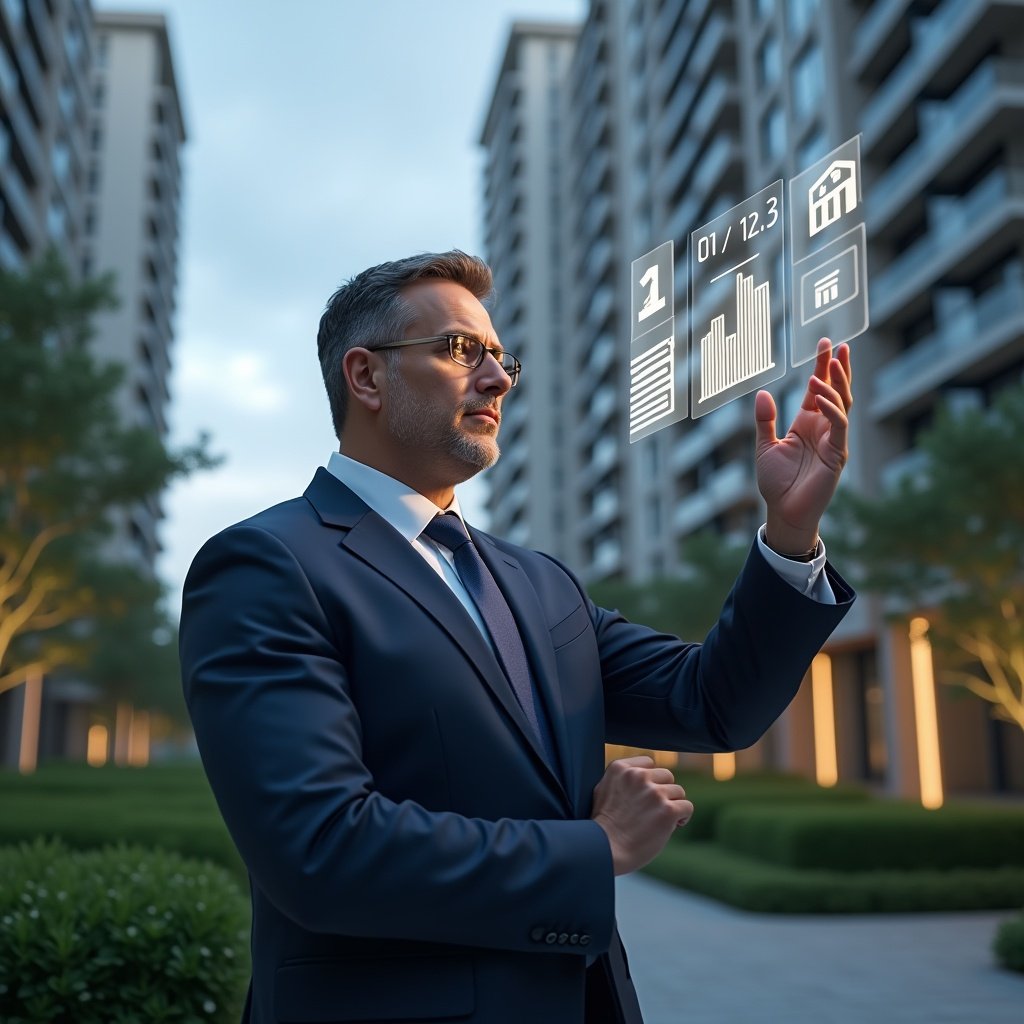 (Ultra-realistic condominium manager in a dark blue suit, set in a modern luxury condominium environment with high-rise buildings and manicured greenery, interacting with floating holographic invoices and real-time notification icons, confident and focused expression, symbolic glowing bar charts showing rising payment rates, cinematic lighting, shallow depth of field, highly detailed textures, realistic skin, photographic realism, 8k resolution --ar 1:1 --v 6)