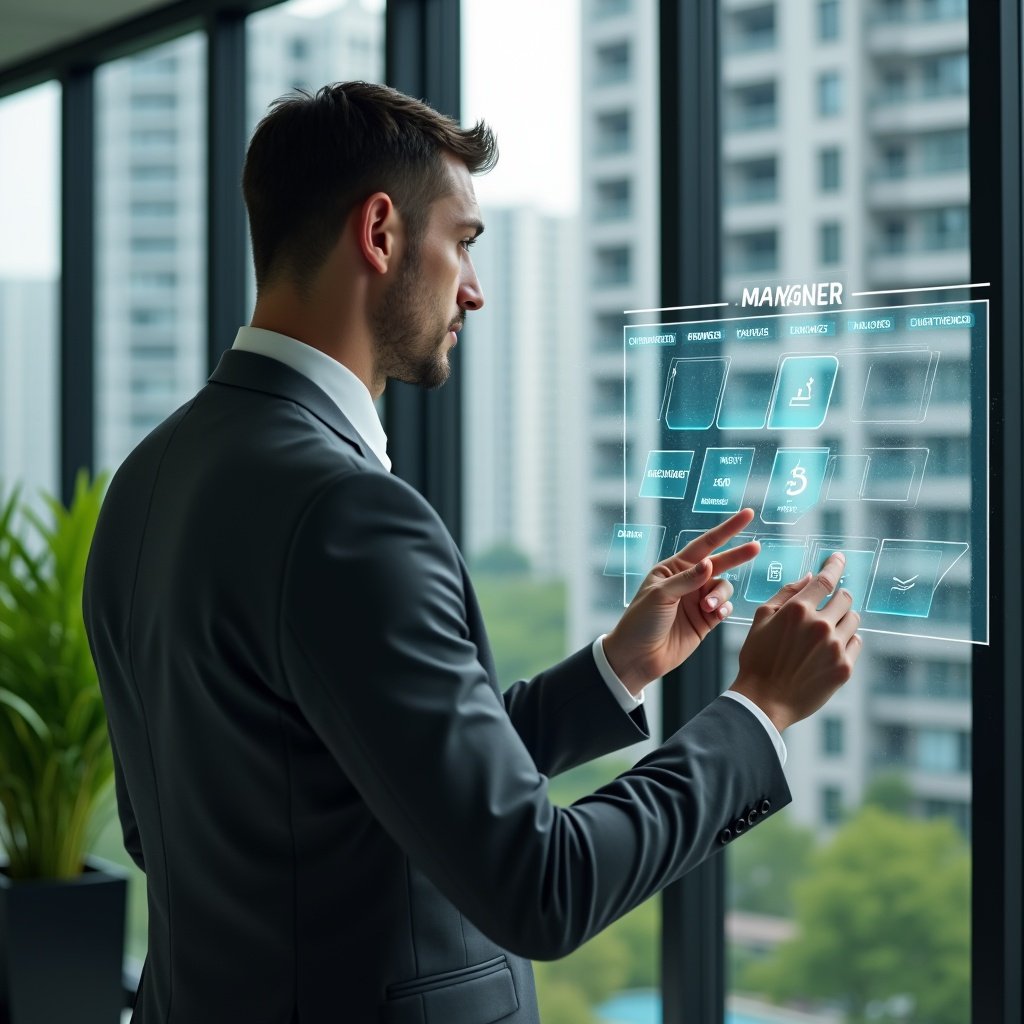 Ultra-realistic condominium manager in a charcoal gray executive suit, set in a modern luxury condominium environment with high-rise buildings and lush green landscaping, interacting with a holographic task scheduler calendar floating before them, confidently tapping reminders and automated workflow icons, cinematic lighting, shallow depth of field, highly detailed textures, realistic skin, photographic realism, 8k resolution --ar 1:1 --v 6