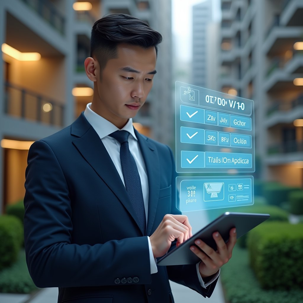 (Ultra-realistic condominium manager in a navy tailored suit, set in a modern luxury condominium environment with high-rise buildings and manicured greenery, interacting with a translucent holographic schedule displaying tasks, dates and checkmarks projected from a tablet, focused and confident expression, cinematic lighting, shallow depth of field, highly detailed textures, realistic skin, photographic realism, 8k resolution --ar 1:1 --v 6)