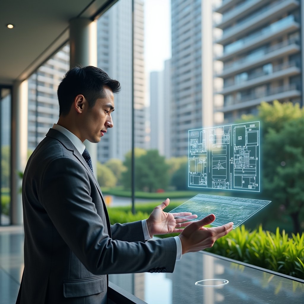 (Ultra-realistic property manager in a charcoal gray suit, set in a modern luxury condominium environment with high-rise buildings and manicured green landscaping, analyzing a holographic fractional chart of unit areas above a sleek glass table, with floating blueprint lines and fraction symbols, cinematic lighting, shallow depth of field, highly detailed textures, realistic skin, photographic realism, 8k resolution --ar 1:1 --v 6)