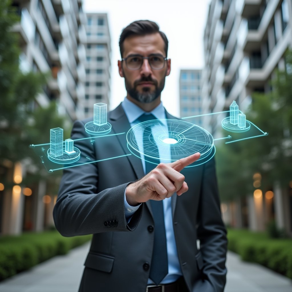 Ultra-realistic property manager in a charcoal gray suit, set in a modern luxury condominium environment with high-rise buildings and meticulously landscaped green areas, standing in a medium close-up, confidently pointing at a floating holographic pie chart and floor plan overlay illustrating fraction ideal percentages, subtle blue holographic icons of buildings and scales of justice, cinematic lighting, shallow depth of field, highly detailed textures, realistic skin, photographic realism, 8k resolution --ar 1:1 --v 6