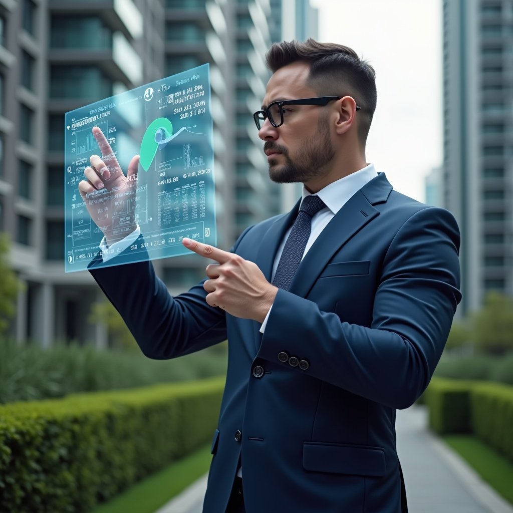 (Ultra-realistic condominium manager in a dark blue tailored suit, set in a modern luxury condominium environment with high-rise buildings and manicured green landscaping, studying and pointing at a floating holographic blueprint displaying fractional percentage overlays and pie-chart graphics, confident and analytical expression, cinematic lighting, shallow depth of field, highly detailed textures, realistic skin, photographic realism, 8k resolution --ar 1:1 --v 6)