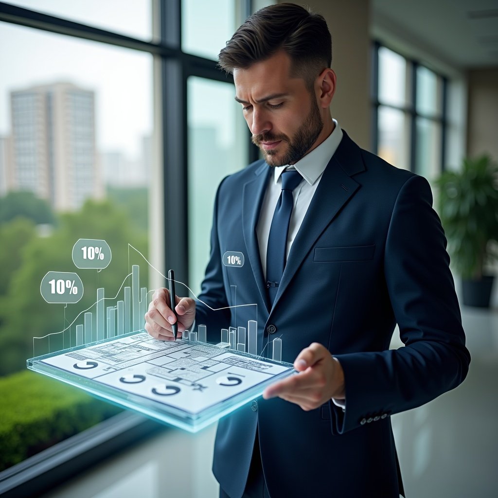 Ultra-realistic condominium manager in a navy tailored suit, set in a modern luxury condominium environment with high-rise buildings and lush green landscaping, analyzing a holographic 3D floor plan with overlaid percentage fractions, holding a digital pen poised to adjust values, transparent pie charts and scale icons floating beside them to symbolize fair cost division, cinematic lighting, shallow depth of field, highly detailed textures, realistic skin, photographic realism, 8k resolution --ar 1:1 --v 6