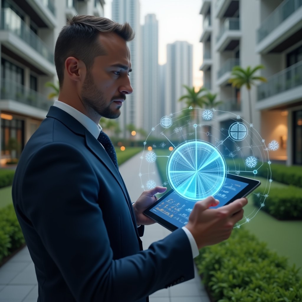 (Ultra-realistic condominium manager in a navy executive suit, set in a modern luxury condominium environment with high-rise buildings and manicured green landscaping, analyzing a holographic pie chart representing ideal fraction calculations projected from a digital tablet, holographic fraction icons floating around, thoughtful and confident expression, cinematic lighting, shallow depth of field, highly detailed textures, realistic skin, photographic realism, 8k resolution --ar 1:1 --v 6)
