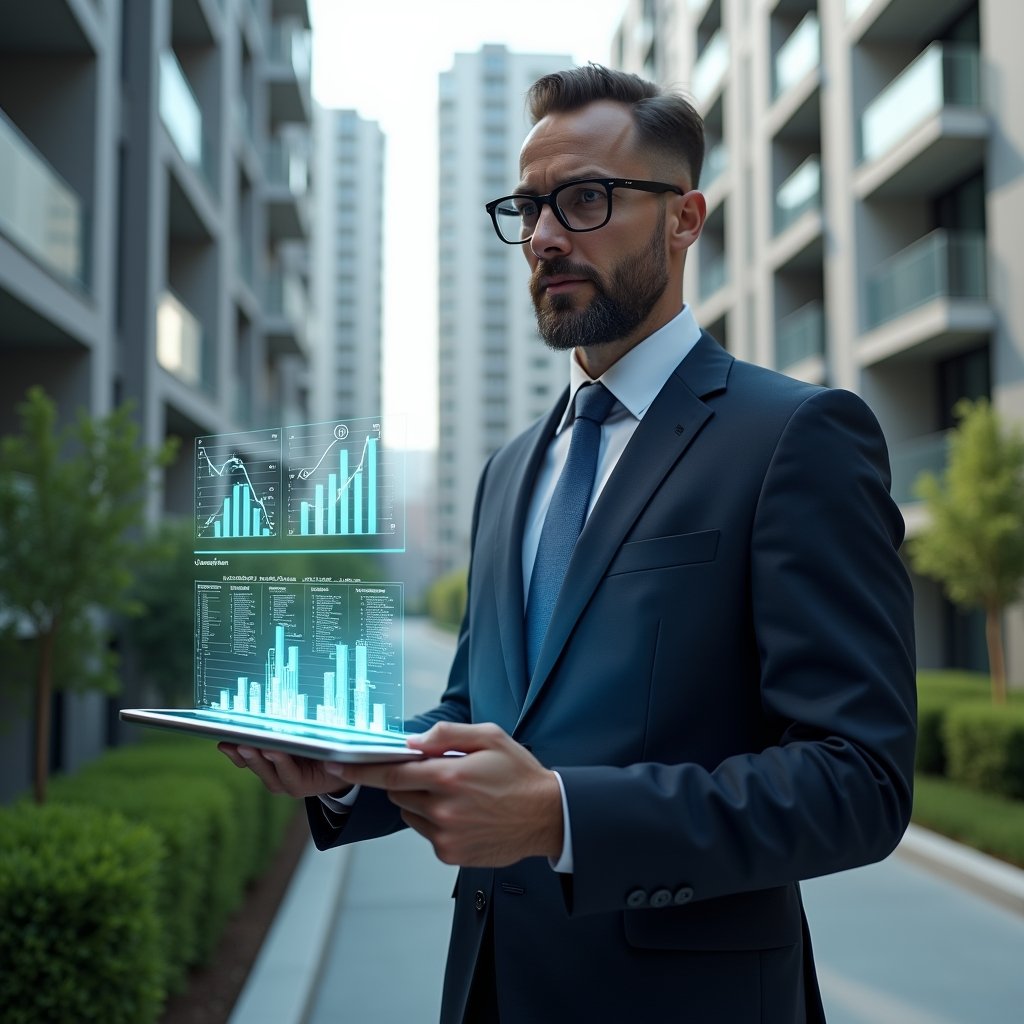 Ultra-realistic condominium manager in a navy executive suit, set in a modern luxury condominium environment with high-rise buildings and manicured green landscaping, holding a transparent tablet displaying 3D financial graphs and budget charts hologram, confidently analyzing expenses with floating money and chart icons around, cinematic lighting, shallow depth of field, highly detailed textures, realistic skin, photographic realism, 8k resolution --ar 1:1 --v 6