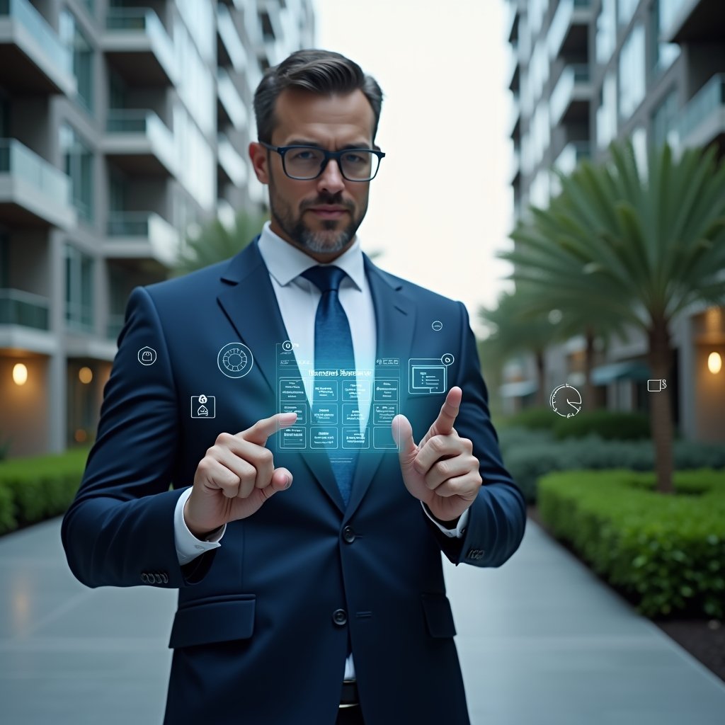 (Ultra-realistic condominium manager in a navy suit, set in a modern luxury condominium environment with high-rise buildings and manicured green landscaping, medium shot of a confident professional pointing at a holographic calendar interface displaying scheduled tasks and maintenance icons, floating holographic task and clock symbols around, cinematic lighting, shallow depth of field, highly detailed textures, realistic skin, photographic realism, 8k resolution --ar 1:1 --v 6)