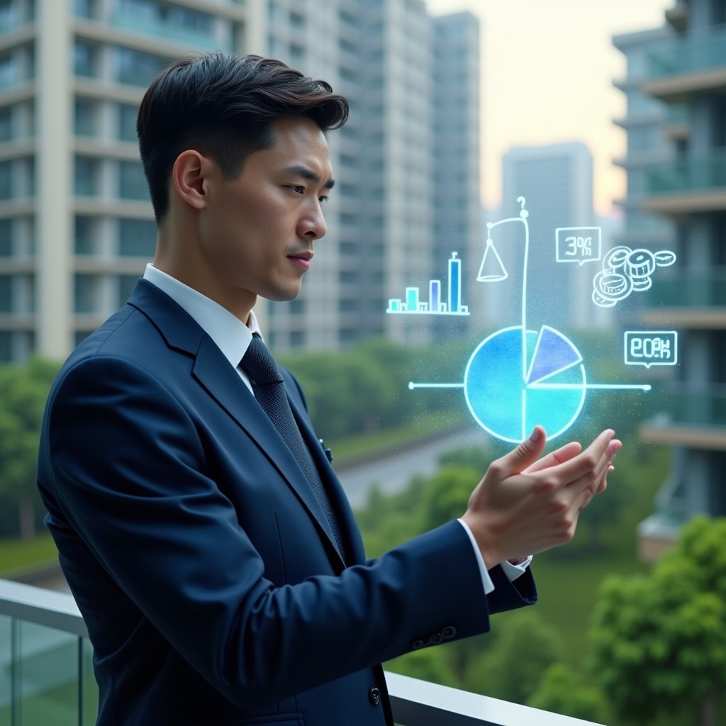 (Ultra-realistic condominium manager in a navy blue suit, set in a modern luxury condominium environment with high-rise buildings and meticulously landscaped green areas in the background, analyzing a floating holographic pie chart representing unit percentage fractions, thoughtful expression, holographic icons of scales and coins symbolizing fairness and finance, cinematic lighting, shallow depth of field, highly detailed textures, realistic skin, photographic realism, 8k resolution --ar 1:1 --v 6)