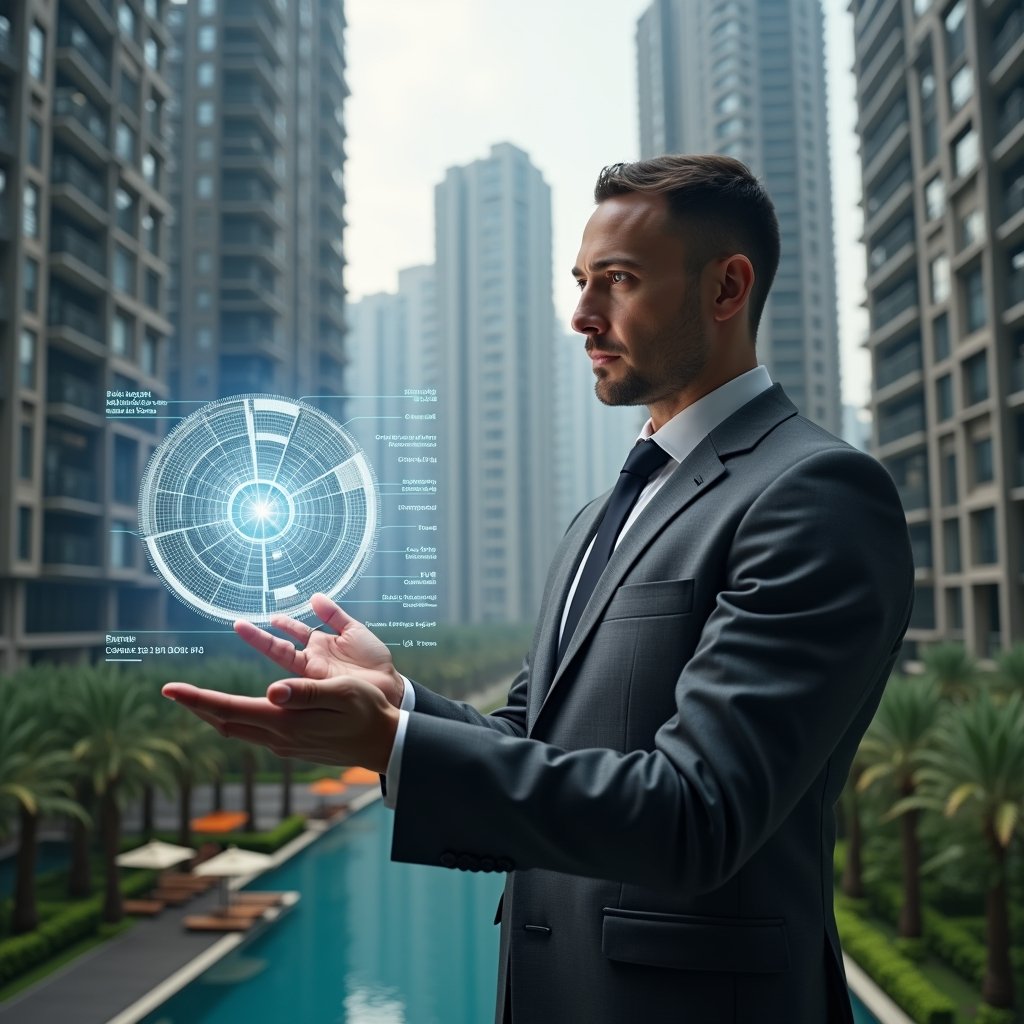 Ultra-realistic condominium manager in a charcoal gray suit, set in a modern luxury condominium environment with high-rise buildings and meticulously landscaped gardens, analyzing a holographic pie-chart showing fractional ownership of units, transparent scale icon floating beside, thoughtful and confident expression, cinematic lighting, shallow depth of field, highly detailed textures, realistic skin, photographic realism, 8k resolution --ar 1:1 --v 6
